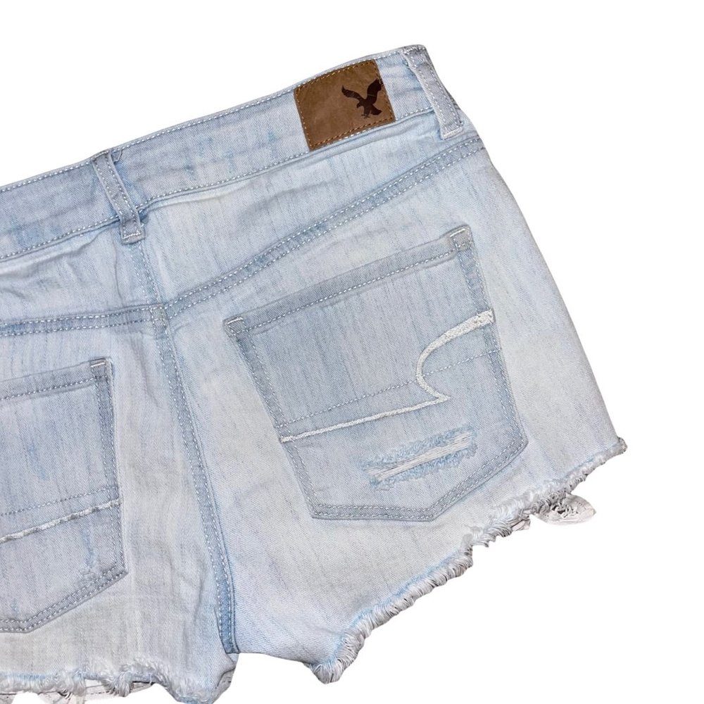 American Eagle Outfitters AEO Distressed Hi-Rise Shortie Light Wash Shorts 6 - Picture 8 of 9